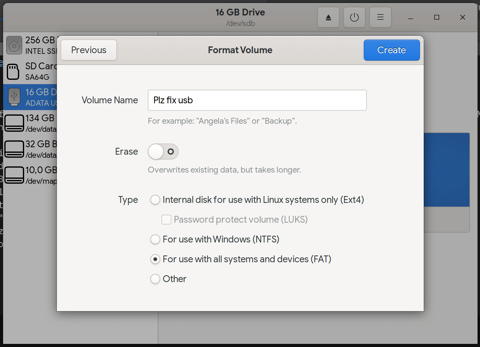 Format USB drive (Ubuntu)